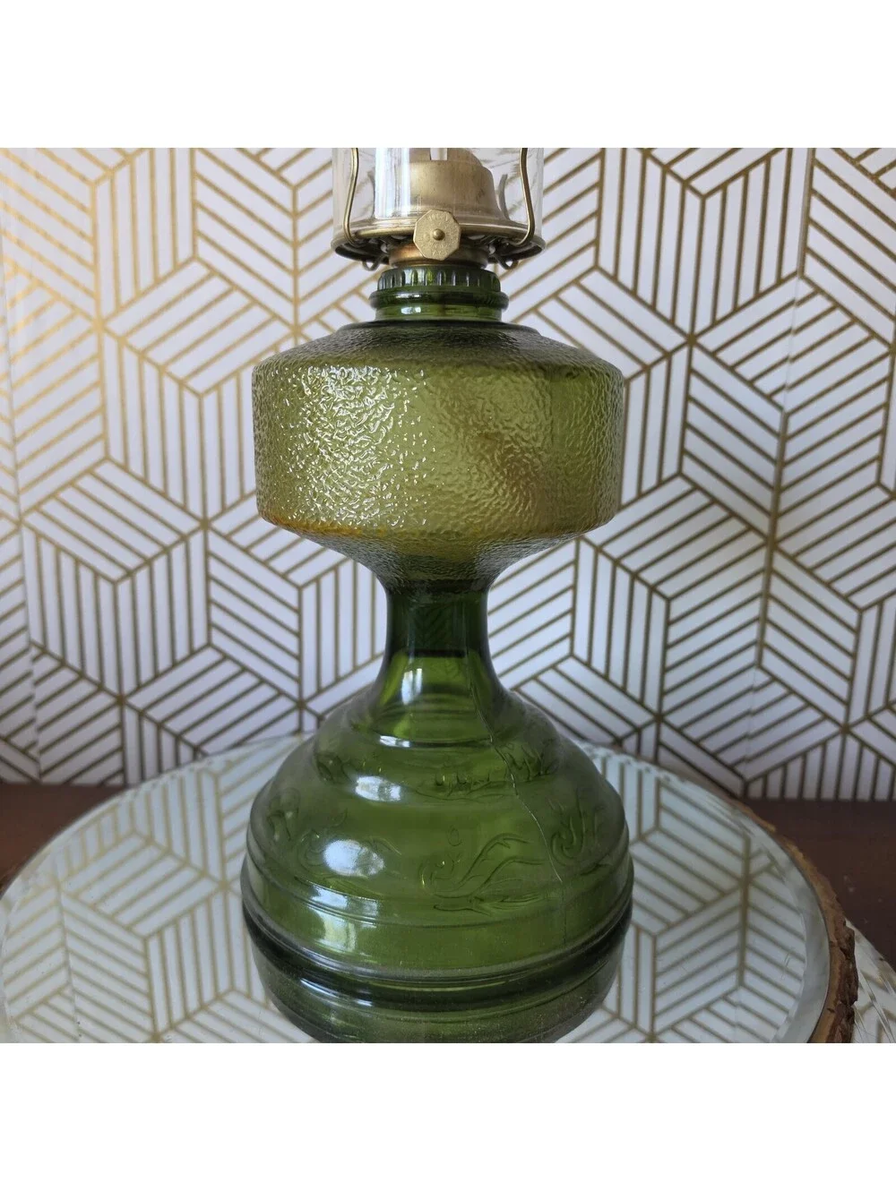 Vintage Green Embossed Pressed Glass Oil Lamp W Matching Colored Hurricane Shade